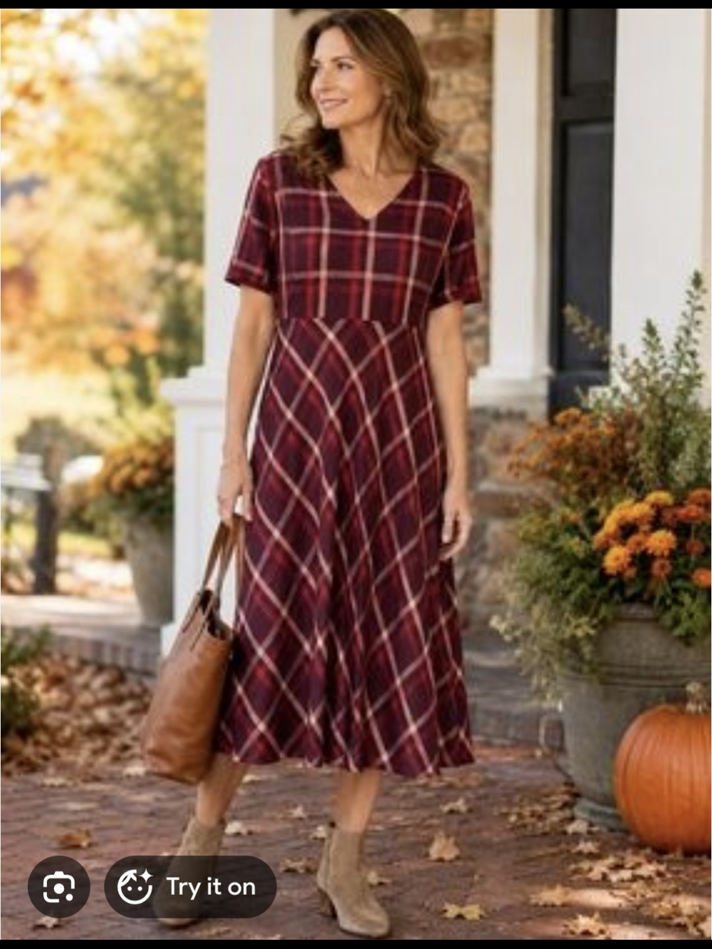 J. Jill V-Neck Burgundy Plaid Midi Dress